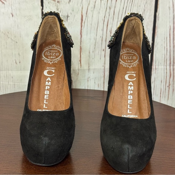 JEFFREY CAMPBELL EVA CROSS black suede platform pumps with sequins & Beads 6.5 - Picture 15 of 17